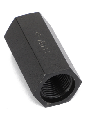 Image of the AGCO RESTRICTOR - SN16791, a black hexagonal coupling nut with internal threading and an engraved arrow indicating the thread direction. For questions relating to this item, please contact our support team.