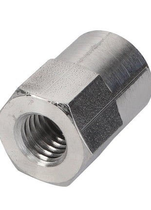 Close-up of the AGCO | Sleeve Nut - Acp0665080, a hexagonal steel coupling nut with a threaded interior, ideal for connecting two threaded rods or bolts. Note: No current product description available for further details.