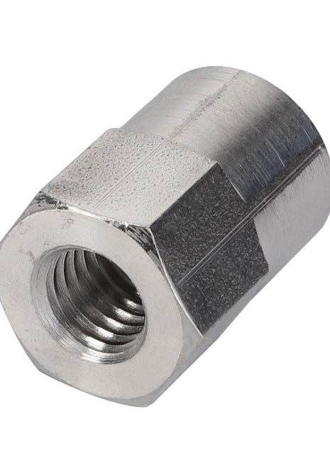 Close-up of the AGCO | Sleeve Nut - Acp0665080, a hexagonal steel coupling nut with a threaded interior, ideal for connecting two threaded rods or bolts. Note: No current product description available for further details.