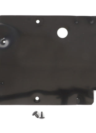 Product: AGCO | Cover, Spring Assembly, Seat - F524500033080
Brand: AGCO

Description: A black rectangular plastic cover featuring a round hole and several notches, accompanied by two metal screws. No current product description available.