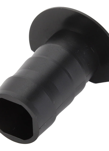 The AGCO Bush - F291500030230 features an angled black plastic nozzle attachment with a hexagonal opening at one end and a flared round base at the other. Please note: No current product description is available for this item.