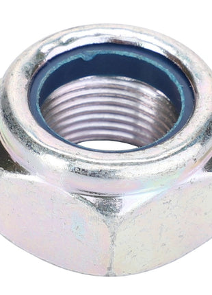The AGCO Nut - F222301020060 is a hexagonal metal lock nut with a blue nylon insert, currently listed as "No Current Product Description Available.