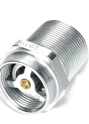 The AGCO Connection - Acw5512350 is a silver-threaded metal connector with a central opening, featuring internal grooves and a small gold-colored component. Currently, no product description information is available for this item.