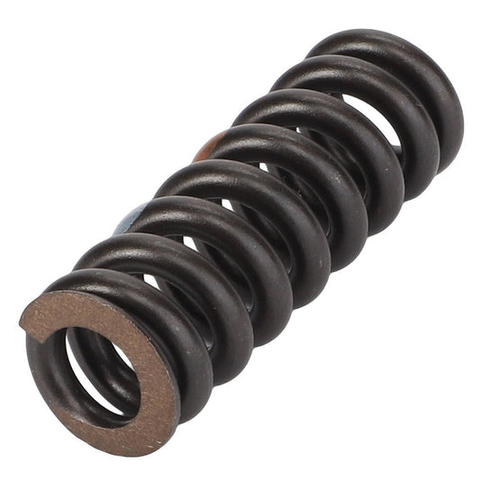 Close-up of the AGCO Compression Spring - F281860030021, a dark metallic spring that is tightly coiled with a perfect cylindrical shape.
