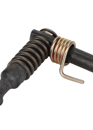 The AGCO | Tappet - F312500072120, a black metal pin featuring a coiled spring and hooked wire, is displayed against a white background. No current product description available.