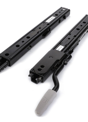 Two black metal sliding mechanisms, likely seat adjustment rails, with one featuring a grey handle. Currently listed as the AGCO Adjustment Rail Set for Operator Seat - F248500033120 from AGCO, but no further product description is available at this moment.