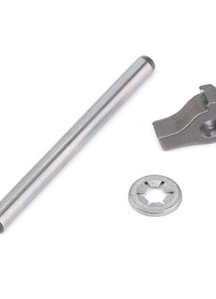 A metal rod, an AGCO gray latch (model V34154400), and a silver star-shaped washer are arranged on a plain white background.