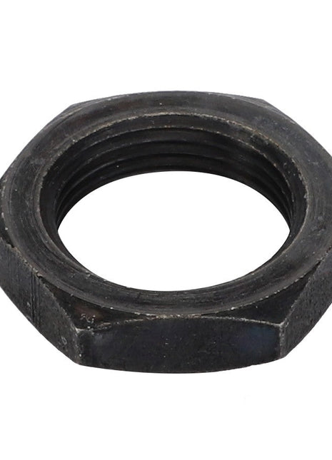 A black, hexagonal metal nut is shown against a white background. The product is identified as the AGCO | Mounting Nut - Acv0208420 from the brand AGCO.