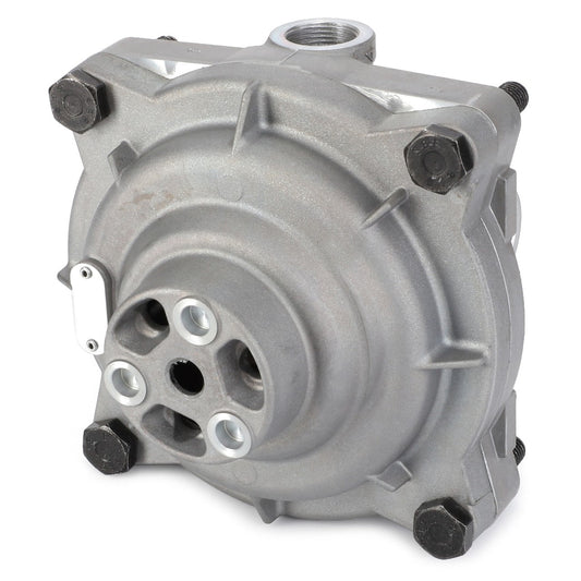 The AGCO Trailer Control Valve - F385880020060 is a durable metal mechanical component that includes a central cylindrical section, four peripheral bolt points, and multiple apertures for fluid or air passage.