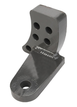 The AGCO Bracket - 112254W91 is a black metal bracket featuring four circular holes on the vertical side and one circular hole on the horizontal base, as detailed in this concise product description.