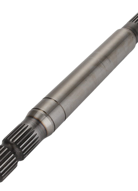 The AGCO Shaft - Acp0384470, a metal splined shaft with teeth on both ends designed for mechanical applications, is displayed on a white background. No current product description available.