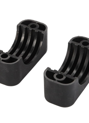 AGCO's CLAMP - D45737900 are two durable black, U-shaped plastic brackets with ridged sides and circular openings at both ends, designed for ease of installation.