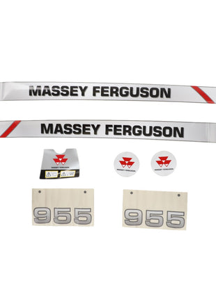 A comprehensive decal kit for the Massey Ferguson 955 Front Loader, featuring name labels, logos, cautionary labels, and number tags by AGCO Parts (Product Name: AGCO | Decal Kit, MF 955 Front Loader - AL11133960), designed for long-lasting performance in agricultural engineering.