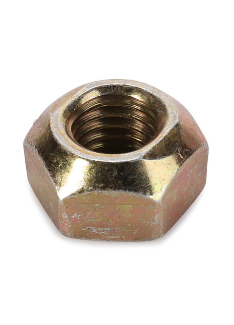 Close-up of a weathered brass AGCO LOCKNUT - D46150138 with internal threading, featuring a worn and slightly tarnished surface.