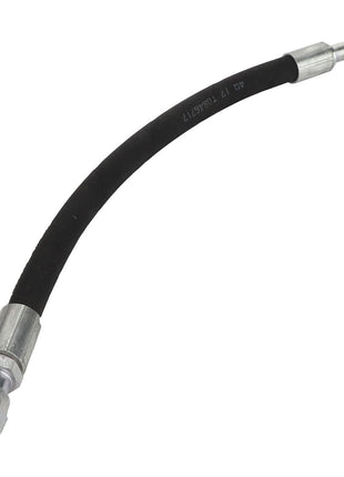 Image of the AGCO Hydraulic Hose - Acw3799000, a flexible black hose featuring metal fittings on each end. One fitting is straight, while the other is angled. Additional product description information is currently unavailable.