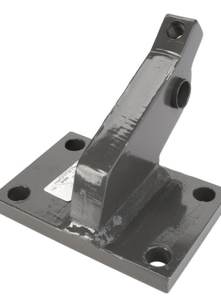 The AGCO | BRACKET, RIGHT HAND - D46150593 is a metallic bracket that includes a flat base with four holes and a vertical arm with one hole, making it ideal for industrial or mechanical applications. No information is available on SEO keywords.