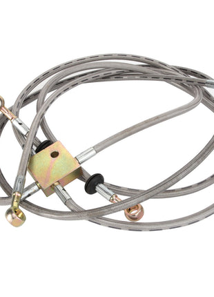 A coiled metal braided hose with attached metal fittings and a central rectangular brass connector piece, known as the AGCO | HOSE - ATV1502-015 from the brand AGCO. No current product description information is available.