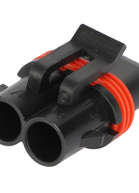 The AGCO | SOCKET TERMINAL - AG520227 is a black, two-pin electrical connector with red sealing rings and a top locking mechanism. Currently, there is no additional product description information available.