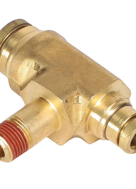 The AGCO TEE FITTING - AG137815 is a brass T-shaped plumbing connector featuring three threaded ends, with one end having red sealant applied. Currently, there is no additional product description information available.