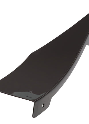 The AGCO | Left Hand Deflector - Acw0704100 by AGCO is a sleek, black, curved metal bracket equipped with two screw holes, designed for sturdy mounting or reliable support.