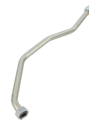 The AGCO Tube - Acw0721990 is a sturdy metal pipe with several intricate bends, expertly fitted with nuts on both ends for secure connections.