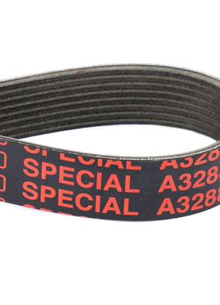 Close-up of a black and red AGCO serpentine belt labeled "SPECIAL" and "A3288999." The belt is coiled in a loop with visible ribs on its inner surface. The product is referred to as AGCO | Serpentine Belt, 8Pk, Black, Aramid Cord - A3288999. No current product description available.