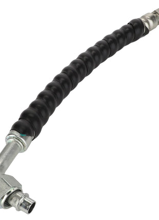 The AGCO | Hose - Acw0359490 from AGCO is a flexible black hydraulic hose featuring metallic connectors on both ends, with one straight and one curved. No current product description information is available.