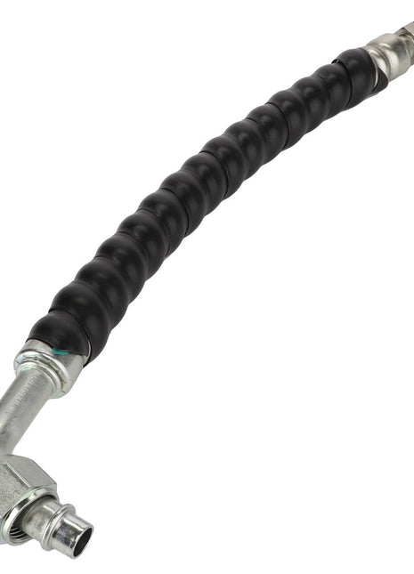 The AGCO | Hose - Acw0359490 from AGCO is a flexible black hydraulic hose featuring metallic connectors on both ends, with one straight and one curved. No current product description information is available.