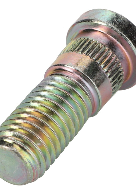 Close-up of the AGCO SCREW - V30170400 featuring its metallic, threaded body, knurled midsection, and flanged head with a slightly reflective, iridescent surface finish.