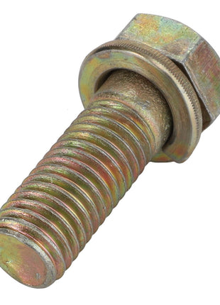 Close-up of the AGCO Bolt - Acp0198100, featuring a metallic hexagonal head and threaded shaft. The product includes a partially visible washer at the base of the head, ensuring reliable performance in various applications. This description effectively highlights its current design features under the reputable AGCO brand.