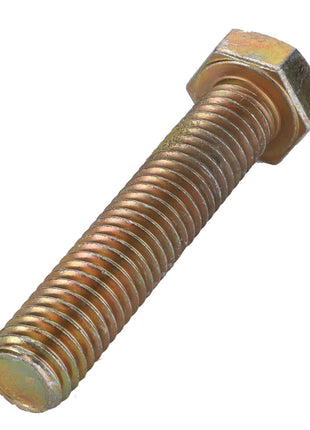 A close-up image of the AGCO | Hexagonal Head Bolt - Acp0002800, featuring a metallic hex bolt with a threaded shaft and a hexagonal head. The bolt shines with a bronze-like sheen, capturing intricate details.