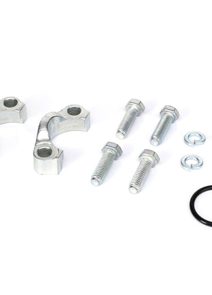 This image shows two metallic clamps, four bolts, four washers, and one O-ring arranged on a white surface. The items displayed are part of the AGCO | SPLIT FLANGE KIT - AG561044 from the brand AGCO.
