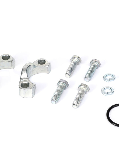 This image shows two metallic clamps, four bolts, four washers, and one O-ring arranged on a white surface. The items displayed are part of the AGCO | SPLIT FLANGE KIT - AG561044 from the brand AGCO.