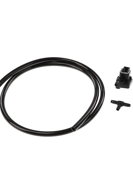 A coiled black hose is positioned next to several black plastic hose fittings, including connectors and adapters, all displayed against a pristine white background. The prominent product in the scene is the AGCO Transducer - Acw8839690 from the renowned brand AGCO.