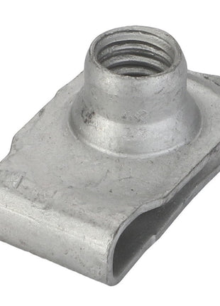 The AGCO Clip With Nut - Acw9093980 is a robust metal clip featuring a precision-engineered threaded hole at its center.