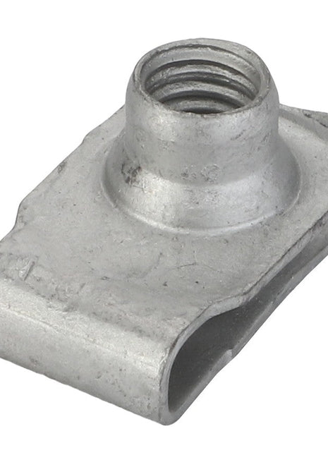 The AGCO Clip With Nut - Acw9093980 is a robust metal clip featuring a precision-engineered threaded hole at its center.