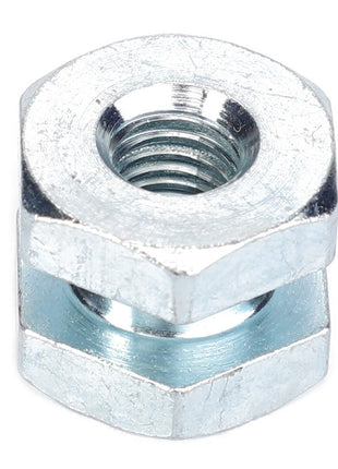 Close-up of the AGCO NUT - D28284945, featuring a silver hexagonal design with internal threading, stacked on top of another identical nut; both are isolated against a white background.