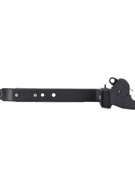 An AGCO Lower Link Arm, Hook End, Left Hand - Acp0327910 in black, featuring multiple holes for adjustment and a quick release latched hook on one end.