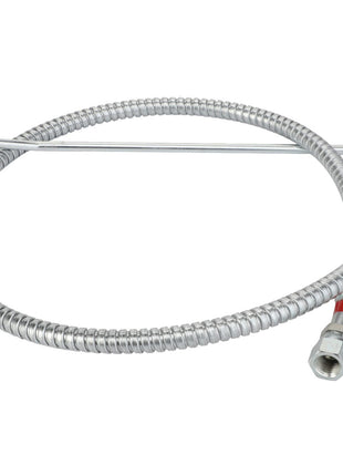 Introducing the AGCO | Hydraulic Tube - 0.010.9341.3: a versatile, flexible stainless steel gas hose engineered to withstand extreme temperatures, featuring threaded connectors at both ends, and coiled into a convenient circular shape for ease of use.