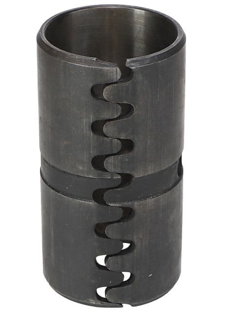 Introducing the AGCO | BUSH - SN16710, a precision-engineered metal cylindrical coupling featuring a unique zigzag cut design and a lengthwise groove, perfect for securely connecting two shafts. For more information, please consult the product description or contact our support team before placing your order.