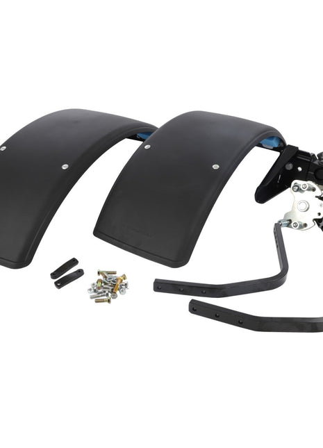 AGCO | Front Mudguard Kit - Acw090175A, a black motorcycle fender kit complete with mounting hardware and brackets, displayed on a white background. Please note, current product description information is not available.