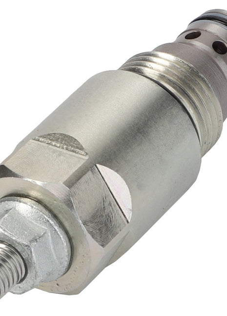 Close-up of the AGCO Relief Valve - Acw0523200, showcasing its metallic hydraulic control design with threaded connectors on both ends, a cylindrical body, and multiple holes along one side. Brand Name: AGCO.