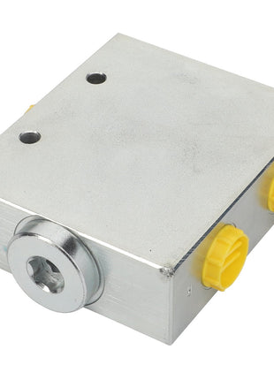 Currently, there is no detailed product description available for the AGCO Current Regulator - F530200050580. This metallic rectangular hydraulic manifold block features two yellow plugs on one side and an additional metal fitting on another side. Its surface appears smooth and lightly reflective.