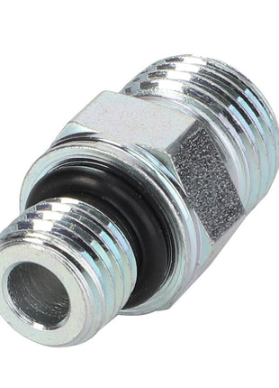 No current product description information is available for the AGCO Connector Fitting - Acw4037030, which features threaded ends and a black rubber O-ring in the center.
