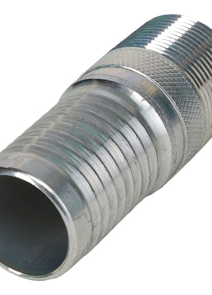 A close-up image of the AGCO | NIPPLE - AG603325, a metallic hose connector with ribbed and threaded sections. No current product description available.