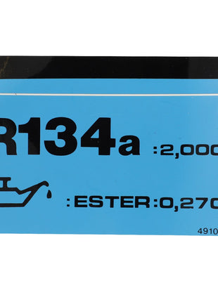 Label the product "AGCO | DECAL - D49100141" with "R134a: 2,000L" and "Ester: 0,270L" in black text on a blue background, featuring an oil can icon and the number "49100141" printed at the bottom right. No current product description information is available.