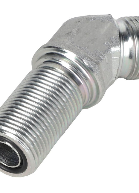 The AGCO | Bulkhead Connector - Acw1972120 is a metal hydraulic fitting featuring a threaded cylindrical body and a 45-degree angled end, engineered for precise fluid control in demanding applications.