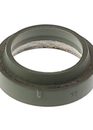 The AGCO Sealing Washer - Acp0584810, a small green circular mechanical seal with a slightly raised inner ring and smooth outer surface, is expertly designed for precision and durability.