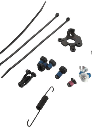 The AGCO | LEVER - F930500030560 collection features a variety of hardware components such as screws, bolts, a spring, cable ties, a sleek mounting bracket, and a nut set against a pristine white background.