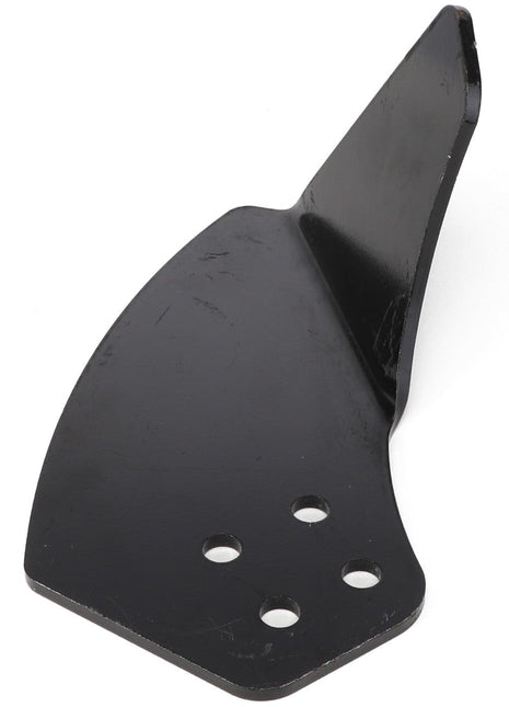 Introducing the AGCO Scraper Left Hand - Acp0018330: A black metal agricultural cutting tool designed with three circular holes at its base and a pointed, angled blade.